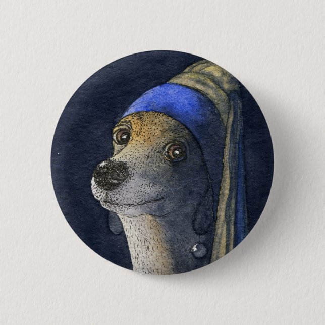 Dog with a pearl earring 2 inch round button (Front)