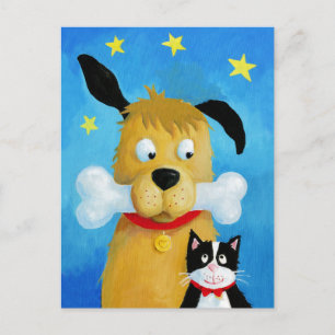 Dog with Bone & Cat Fun Post Card
