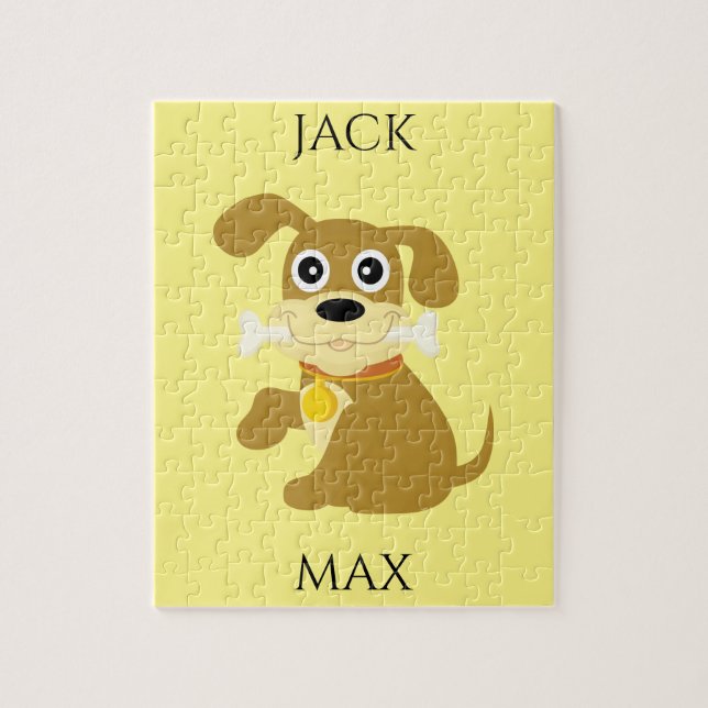 DOG  WITH BONE PUZZLE. NAME OF CHILD AND DOG. JIGSAW PUZZLE (Vertical)