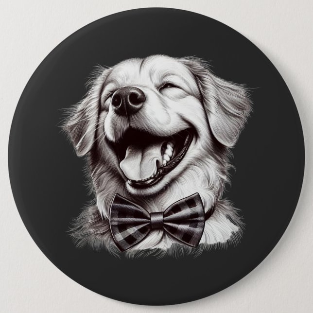 dog with bow tie laughing 6 inch round button (Front)