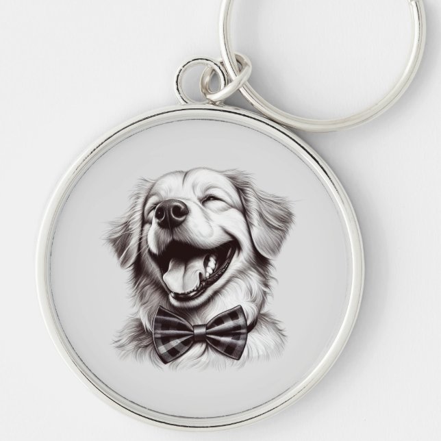 dog with bow tie laughing keychain (Front)