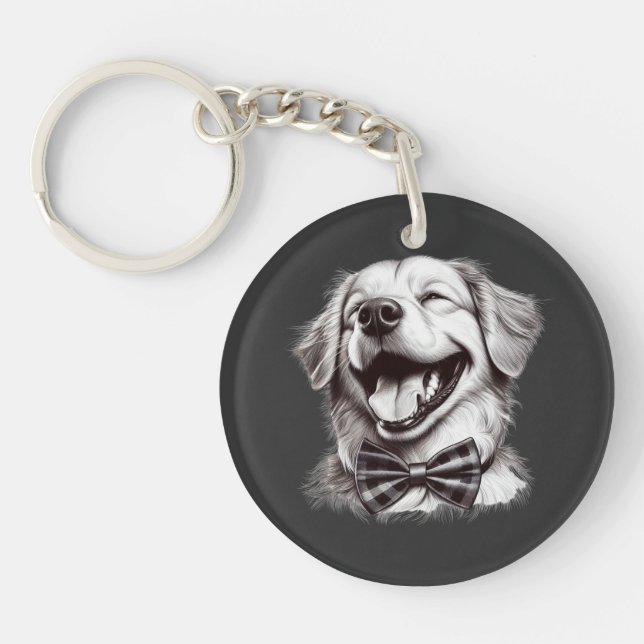 dog with bow tie laughing keychain (Front)