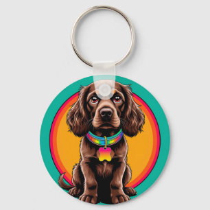 Dog with Colourful Collar Inside Decorative circle Keychain