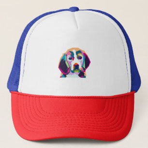 dog with colourful trucker hat