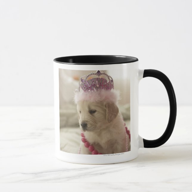 Dog with decorations on bed mug (Right)