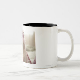 Dog with decorations on bed Two-Tone coffee mug