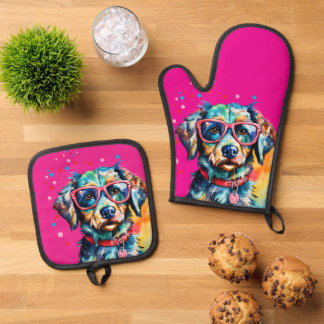 Dog with Glasses Oven Mitt & Pot Holder Set