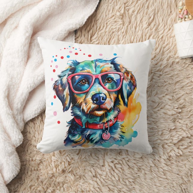 Dog with Glasses Throw Pillow (Blanket)