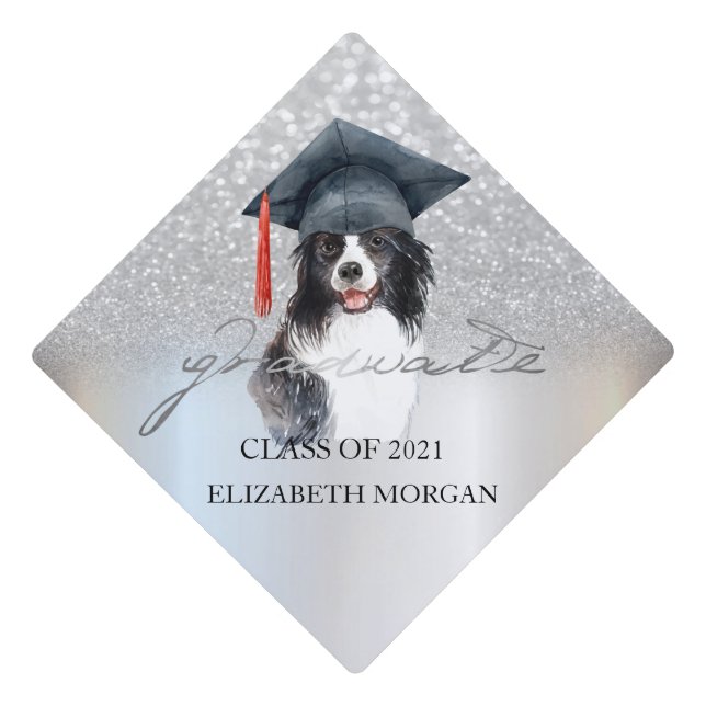 Dog With Grad Cap Silver Glitter Bokeh Graduate (Front)