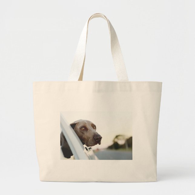 Dog with head out of a car window large tote bag (Front)