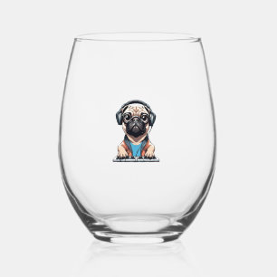 Dog With Headphones  1 Stemless Wine Glass
