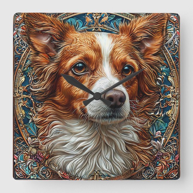 Dog With Ornate Decorative Background Square Wall Clock (Front)