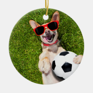Dog with soccer ball on green Christmas  Ceramic Ornament