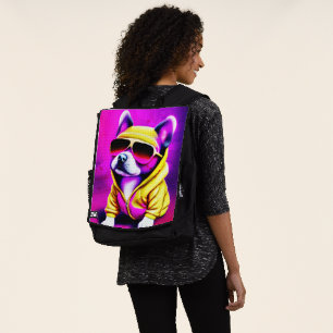 Dog with sunglasses backpack