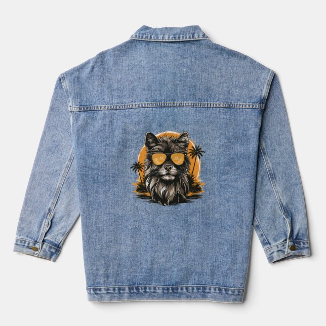 Dog With Sunglasses Retro Beach   Denim Jacket (Back)