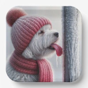 Dog With Tongue On Frozen Flag Pole Paper Plate
