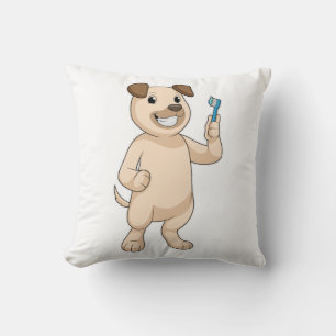 Dog with Toothbrush Throw Pillow
