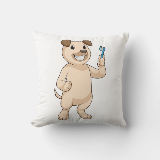 Dog with Toothbrush Throw Pillow (Front)