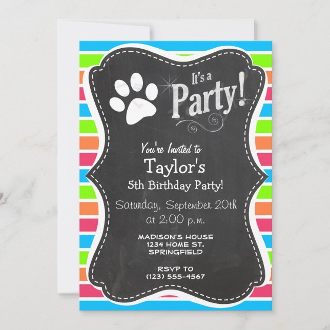 Dog, Woof; Neon Orange Pink Blue Green Stripes Invitation (Front)
