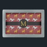 Dog Year Zodiac Birthday Monogram Belt Buckle<br><div class="desc">Customizable belt buckle with blue and yellow dogs pattern on dark red background black round tag for Monogram in front. You can easily change monogram and add text (font, colour, size and position) by clicking the customize button. Perfect for Chinese New Year of the Dog or birthday (people born in...</div>