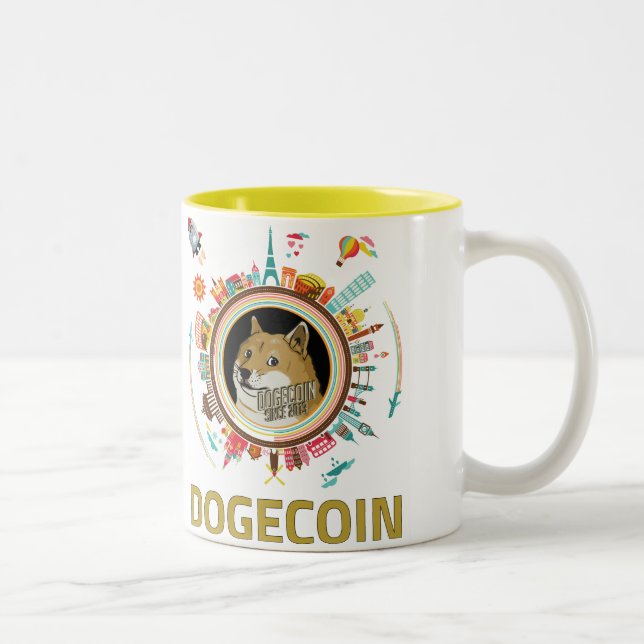 Dogecoin autour de la tasse du monde (Droit)