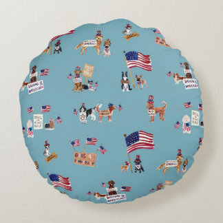 DOGS 4 DEMOCRACY Two-Sided Blue Round Pillow