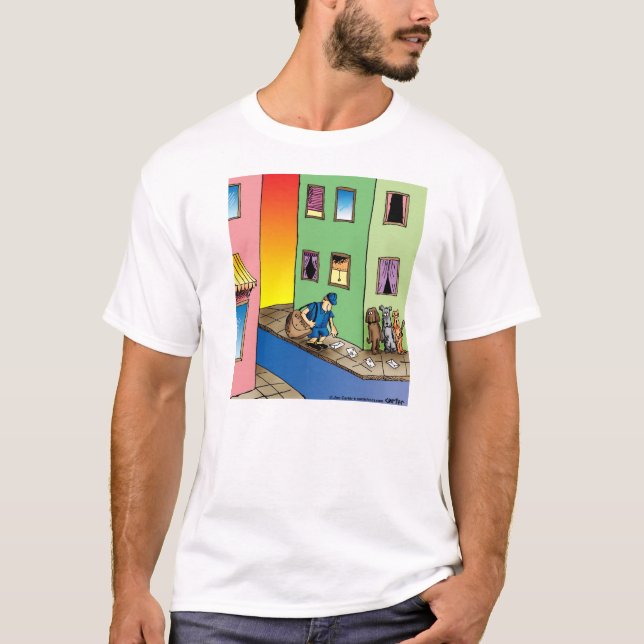 Dogs Ambush Mailman Cartoon T-Shirt (Front)