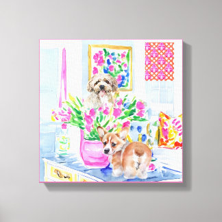 Dogs and bunch of tulips in preppy interior canvas print