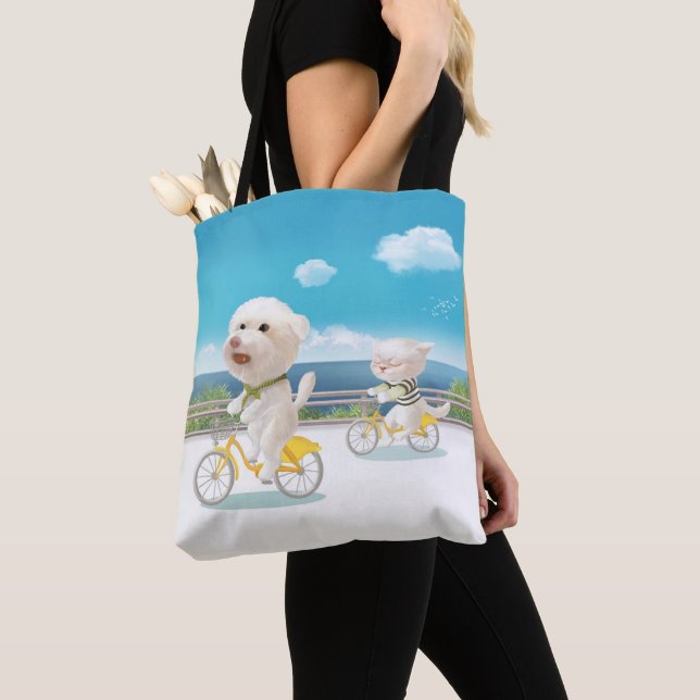 Dogs and Cats Biking by the Sea Tote Bag (Close Up)