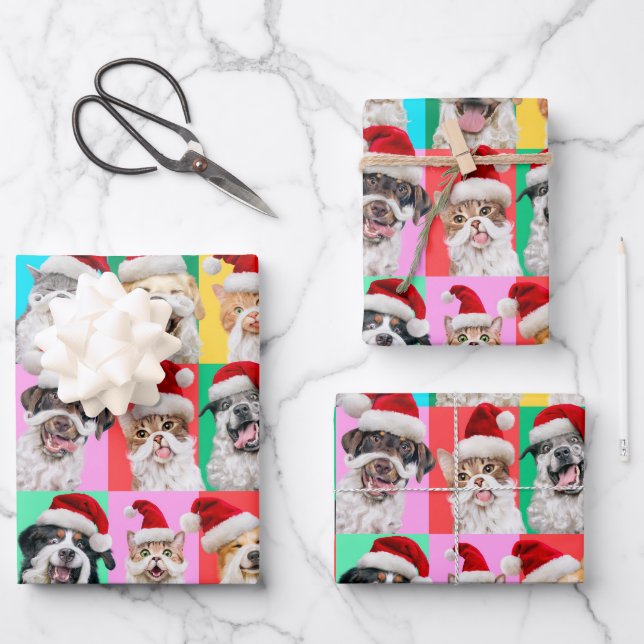 Dogs and Cats with Santa Beard Wrapping Paper Sheet (Front)