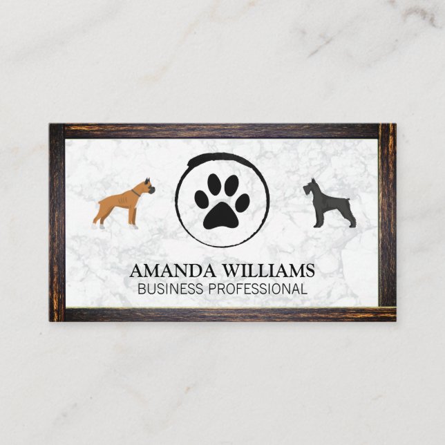 Dogs and Paw | Marble | Wood Border Business Card (Front)