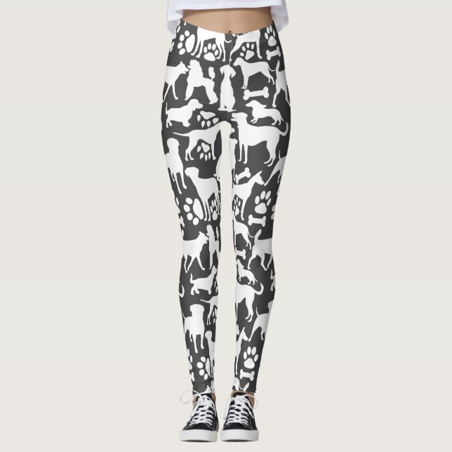 Dogs and paws pattern 02.b DGrey BG Leggings (Front)