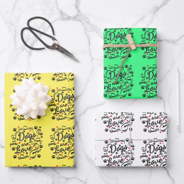Dogs Are Love Black Paws And Red Hearts Typography Wrapping Paper Sheet (Front)