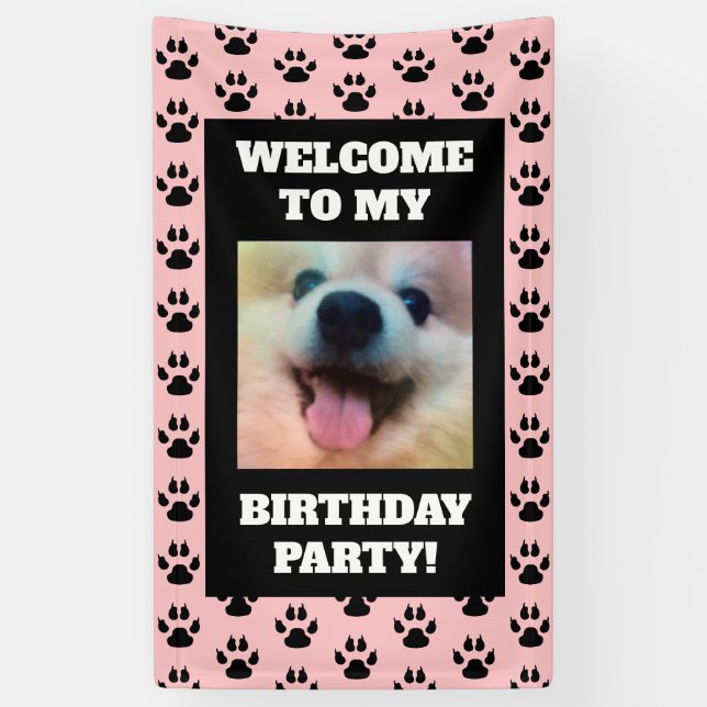 Dogs Birthday Party Photo Pink Black Paw Prints Banner (Vertical)