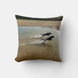 Dogs bounding through water, Gannel River, Newquay Throw Pillow