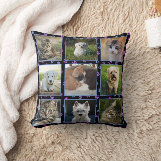 Dogs Cats Blue Purple Pink Paw Prints Pet Photos Throw Pillow (Blanket)