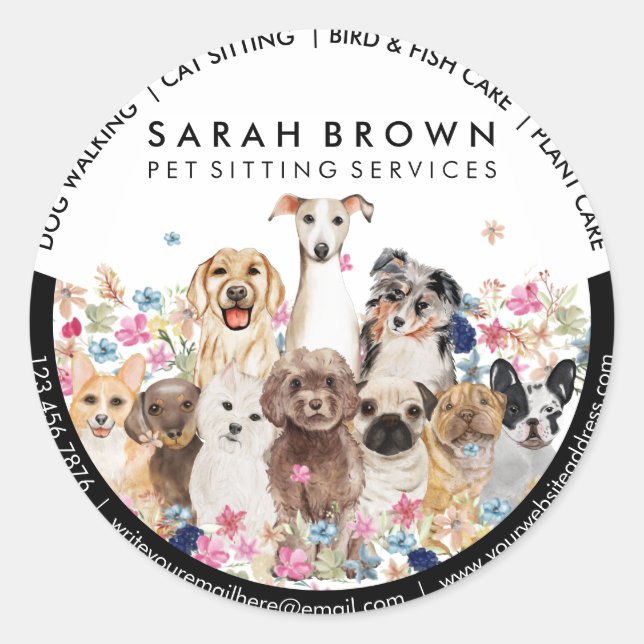 Dogs Drawing and Floral Frame Classic Round Sticker (Front)