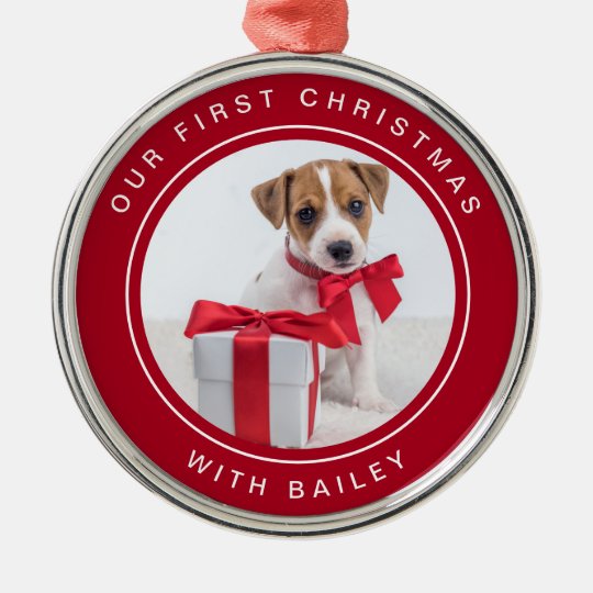 Dog's First Christmas | Red and White with Photo Metal ...