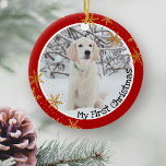 Dog's First Christmas Red Gold Snowflakes Photo Ceramic Ornament<br><div class="desc">Personalized photo ornament for pet dog's first Christmas. The template is set up ready for you to add your own photo, which will be framed with a white and red border. It is decorated with gold snowflakes and the words "My First christmas" in cute lettering. The back of the ornament...</div>