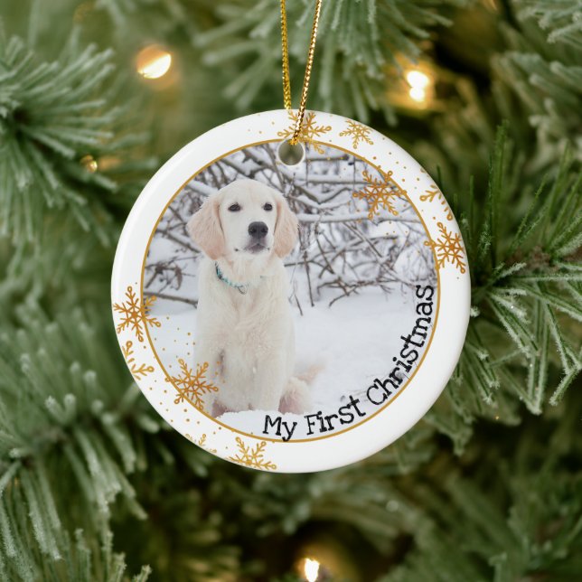 Dog's First Christmas White Gold Snowflakes Photo Ceramic Ornament (Tree)