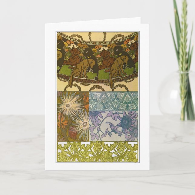 Dogs & Flowers of Art Nouveau Style, Mucha Card (Front)