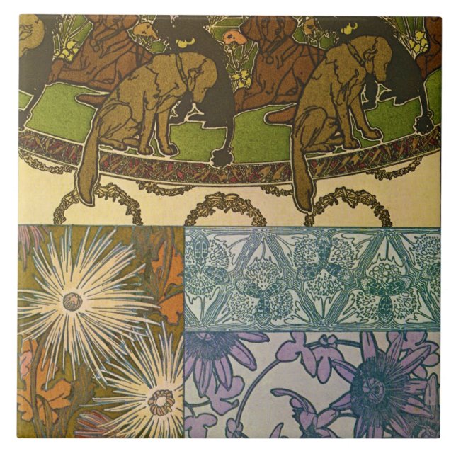 Dogs & Flowers of Art Nouveau Style, Mucha Tile (Front)