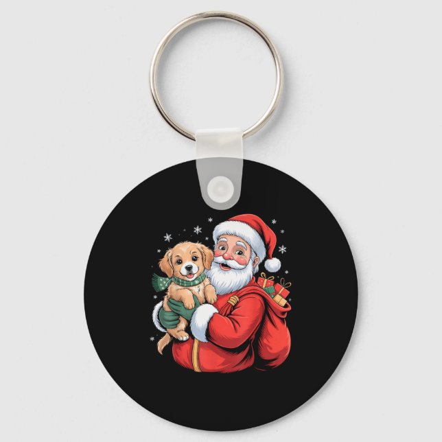 Dogs Golden Retriever Puppy Santa Christmas Funny  Keychain (Front)