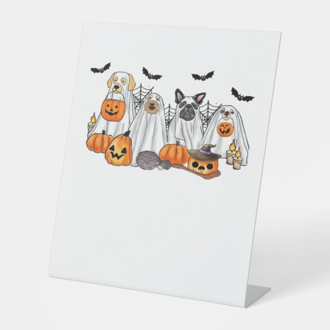 Dogs in Ghost Costumes Halloween Classic T-Shirt Pedestal Sign (Front)