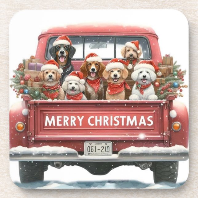 DOGS IN TRUCK Hard plastic coaster (Front)