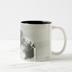 Dogs jumping over miniature high jump bar Two-Tone coffee mug