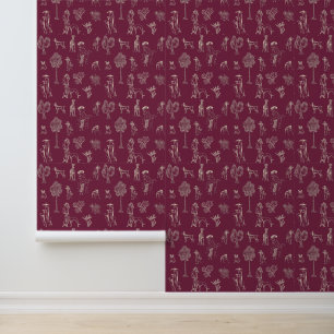 Dogs Lady Toile de Jouy Burgundy Colour Wallpaper