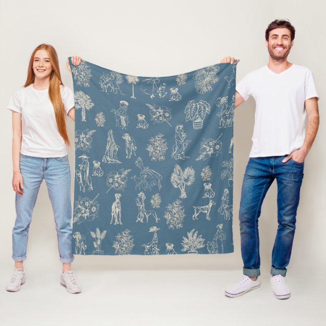 Dogs Lady Toile de Jouy Dark Turquoise Fleece Blanket (In Situ)