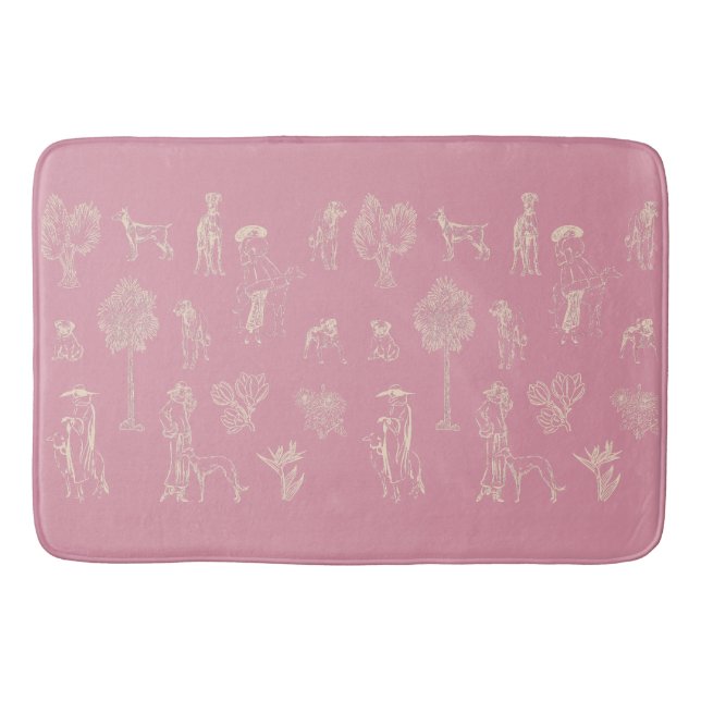 Dogs Lady Toile de Jouy Pink Colour Bath Mat (Front)