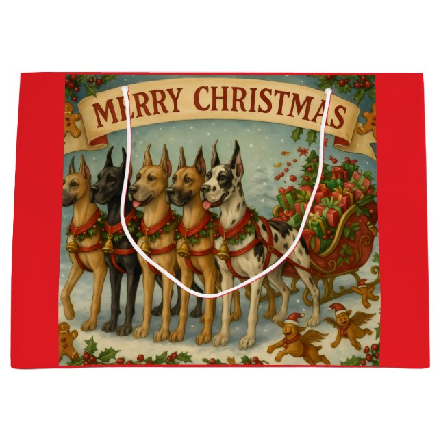 Dogs Lead The Way of Santa's Sleigh. Large Gift Bag (Front)